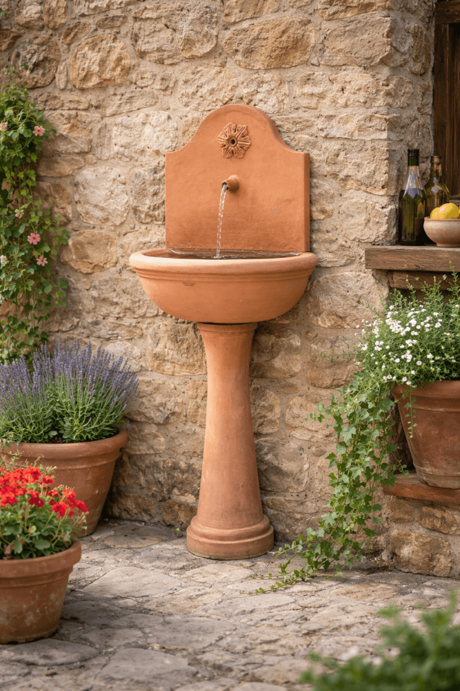 Fontaine murale italienne en terre cuite d’Impruneta – artisanat traditionnel et élégance intemporelle
